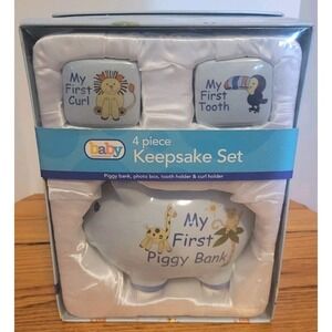 Baby Essentials 4-Piece Ceramic Set Photo Box First Tooth Curl Piggy Bank - Blue